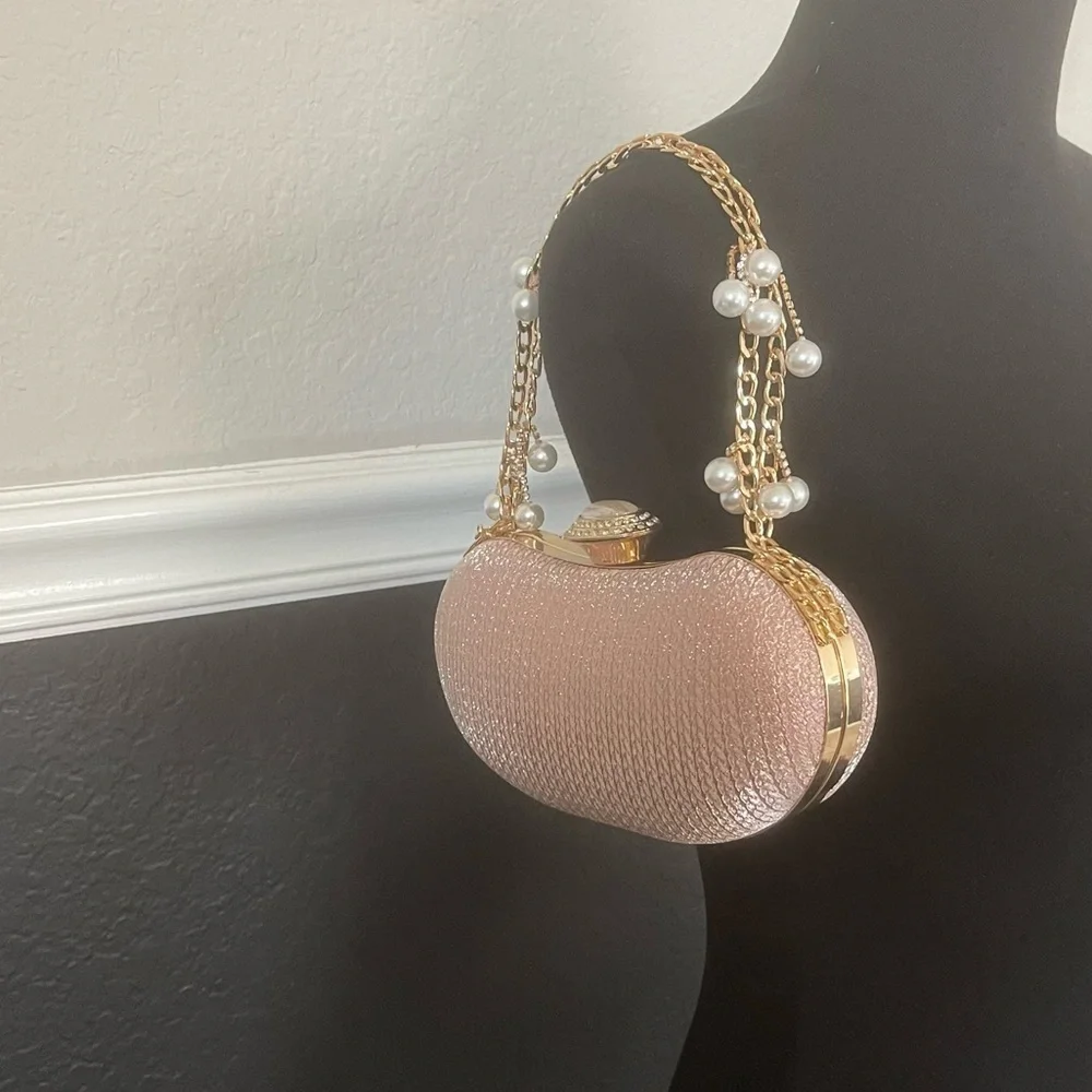Shimmering Glitter Evening Clutch Sparkly Banquet Purse with Pearl Chain Pink